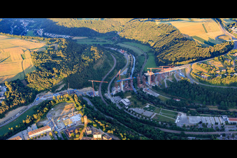 Aerial photograpy of Construction site of the Neckartal High Bridge Horb am Neckar for crossing the Neckar for the B32 / B28 in the district Nordstetten in Horb am Neckar in the state Baden-Wuerttemberg, Germany