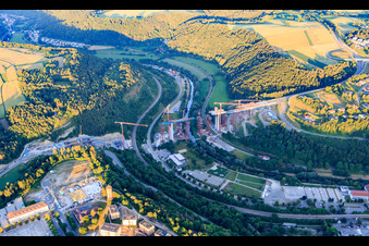 Oblique view of Construction site of the Neckartal High Bridge Horb am Neckar for crossing the Neckar for the B32 / B28 in the district Nordstetten in Horb am Neckar in the state Baden-Wuerttemberg, Germany