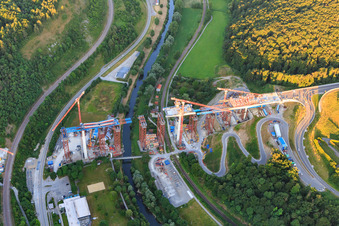 Construction site of the Neckartal High Bridge Horb am Neckar for crossing the Neckar for the B32 / B28 in the district Nordstetten in Horb am Neckar in the state Baden-Wuerttemberg, Germany out of the air