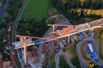 Construction site of the Neckartal High Bridge Horb am Neckar for crossing the Neckar for the B32 / B28 in the district Nordstetten in Horb am Neckar in the state Baden-Wuerttemberg, Germany seen from above