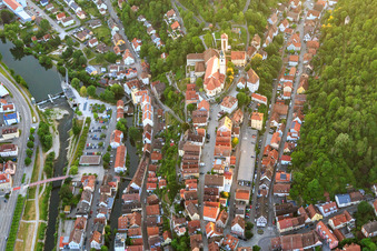 Old town view from the east with Marktstraße, Hohenberg Castle and Holy Cross Collegiate Church in Horb am Neckar in the state Baden-Wuerttemberg, Germany