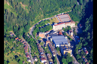 Aerial view of Lauterbachtal with Hansgrohe SE InnoLab Alpirsbach and Junghans Terrace Construction Museum in Schramberg in the state Baden-Wuerttemberg, Germany