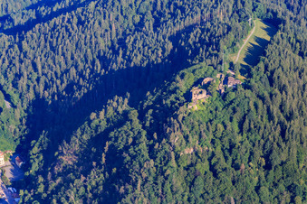 Aerial view of Hohenschramberg Castle Ruins in Schramberg in the state Baden-Wuerttemberg, Germany