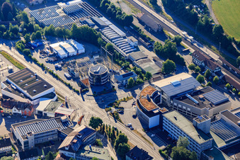 Aerial view of OTC ST. GEORGEN at the PE commercial center, Building 8 at the train station with M&M Software GmbH, HMT – Häseler Metall Technik GmbH and EGT Gebäudetechnik GmbH - St. Georgen location in the district Saint Georgen im Schwarzwald in St. Georgen im Schwarzwald in the state Baden-Wuerttemberg, Germany