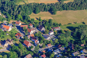 Rathausgasse with half-timbered town hall and church of St. Leodegar in the district Stetten in Zimmern ob Rottweil in the state Baden-Wuerttemberg, Germany