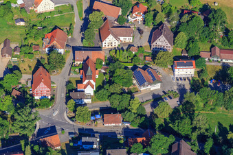 Aerial photograpy of Rathausgasse with half-timbered town hall and church of St. Leodegar in the district Stetten in Zimmern ob Rottweil in the state Baden-Wuerttemberg, Germany