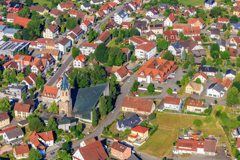 Aerial photograpy of Town center with St. Martinus Church, Wehle sports hall and Volksbank Schwarzwald-Donau-Neckar eG in Dunningen in the state Baden-Wuerttemberg, Germany