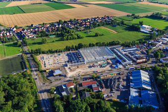 Construction site of the new logistics park of HANSAINVEST and DFI-Real-Estate Kandel after demolition of the OBI market in the district Minderslachen in Kandel in the state Rhineland-Palatinate, Germany seen from above