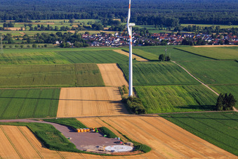 Aerial photograpy of Repowering Wind Farm Minfeld. JUWI replaces four old turbines (GE 1.5) from 2004 with two new, modern Vestas V162 turbines, each with six megawatts. in Minfeld in the state Rhineland-Palatinate, Germany
