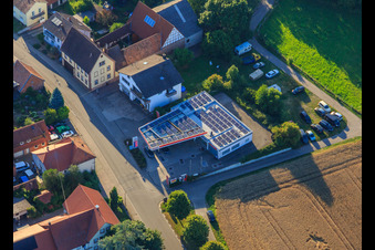 Aerial view of Esso gas station Kurt Pfalzgraf in Oberhausen in the state Rhineland-Palatinate, Germany