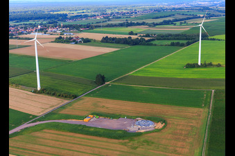 Repowering Wind Farm Minfeld. JUWI replaces four old turbines (GE 1.5) from 2004 with two new, modern Vestas V162 turbines, each with six megawatts. in Minfeld in the state Rhineland-Palatinate, Germany out of the air