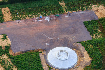 Aerial view of Foundation for new wind turbine for repowering the wind farm Minfeld in Minfeld in the state Rhineland-Palatinate, Germany