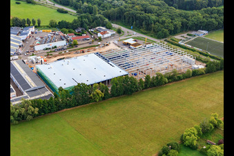 Aerial view of Construction site for the new logistics park of HANSAINVEST and DFI-Real-Estate Kandel after demolition of the OBI market in the district Minderslachen in Kandel in the state Rhineland-Palatinate, Germany