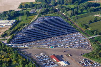 Aerial view of ARCHICUB - Parking space for importing Walon trucks and cars in Lauterbourg in the state Bas-Rhin, France