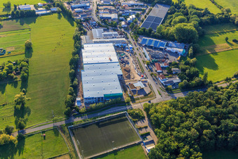 Bird's eye view of Construction site for the new logistics park of HANSAINVEST and DFI-Real-Estate Kandel after demolition of the OBI market in the district Minderslachen in Kandel in the state Rhineland-Palatinate, Germany