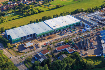 Drone image of Construction site for the new logistics park of HANSAINVEST and DFI-Real-Estate Kandel after demolition of the OBI market in the district Minderslachen in Kandel in the state Rhineland-Palatinate, Germany