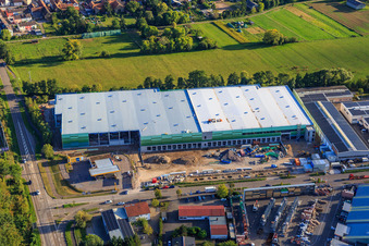 Construction site for the new logistics park of HANSAINVEST and DFI-Real-Estate Kandel after demolition of the OBI market in the district Minderslachen in Kandel in the state Rhineland-Palatinate, Germany from the drone perspective