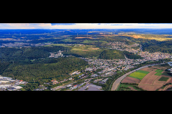 City panorama on the banks of the Saar from the northwest in Merzig in the state Saarland, Germany