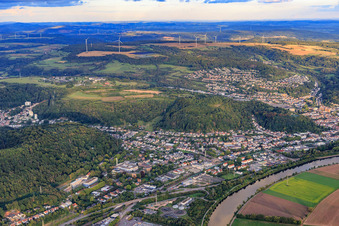 Aerial view of City view on the banks of the Saar from the northwest in Merzig in the state Saarland, Germany