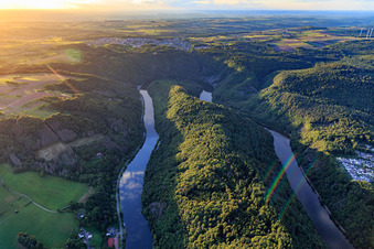 Aerial view of Saarschleife from the east at sunset in Mettlach in the state Saarland, Germany