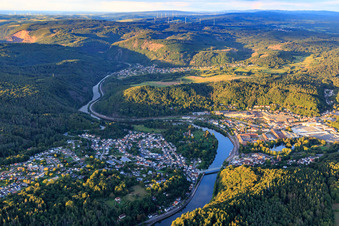 Aerial view of View of both sides of the Saar from the west in Mettlach in the state Saarland, Germany