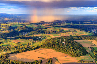 Aerial view of Wind farm Merchingen in front of a rain wall with rainbow in the district Merchingen in Merzig in the state Saarland, Germany