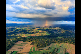 Wind farm Merchingen in front of a rain wall with rainbow in the district Merchingen in Merzig in the state Saarland, Germany from above