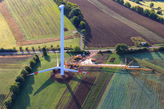 Aerial view of Repowering a wind turbine before assembly of the rotors in the district Sotzweiler in Tholey in the state Saarland, Germany