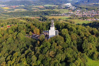 Aerial photograpy of Schaumberg with Skywalk, Schaumberg Alm and observation and telecommunications tower Schaumbergturm in Tholey in the state Saarland, Germany