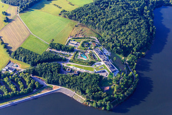 Aerial photograpy of Seezeitlodge Hotel&SPA at Bostalsee in the district Gonnesweiler in Nohfelden in the state Saarland, Germany