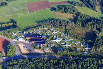 Aerial view of Aircraft Museum Flight Exhibition P. Junior in the district Abtei in Hermeskeil in the state Rhineland-Palatinate, Germany