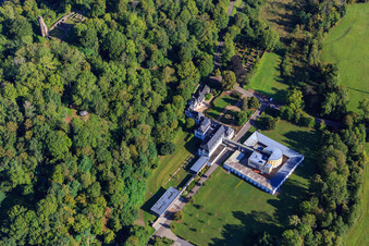 Aerial photograpy of Castle Dagstuhl with Leibniz Center for Informatics, castle garden, and castle chapel in the district Dagstuhl in Wadern in the state Saarland, Germany