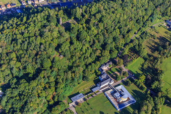 Aerial view of Castle Dagstuhl with Leibniz Center for Informatics. Castle garden and chapel below the ruins and foundations of castle Dagstuhl in the forest in the district Dagstuhl in Wadern in the state Saarland, Germany
