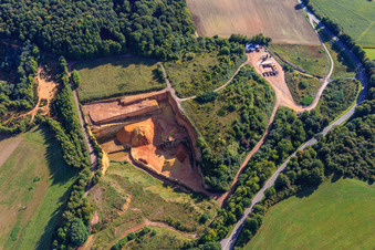 Aerial view of MUCAJ sand pit and TERALIS - Lebach (building materials disposal, recycling, concrete filling station) in the district Primsweiler in Schmelz in the state Saarland, Germany