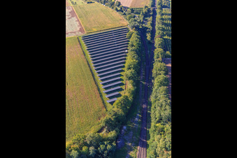 Aerial view of Photovoltaic system on arable land in Winden in the state Rhineland-Palatinate, Germany