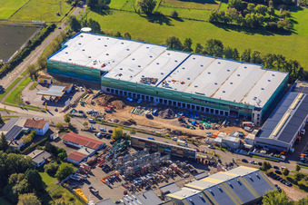 Drone recording of Construction site of the new logistics park of HANSAINVEST and DFI-Real-Estate Kandel after demolition of the OBI market in the district Minderslachen in Kandel in the state Rhineland-Palatinate, Germany