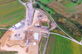 Construction site of the eastern tunnel portal for the Astrid Tunnel for the underpass and bypass of Bad Bergzabern between B38 (Weinstraße) and B427 (Kurtalstraße) in Dörrenbach in the state Rhineland-Palatinate, Germany from above