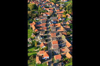 Aerial view of Rue des Églises in Seebach in the state Bas-Rhin, France