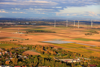 Aerial view of Geothermal power plant Insheim for lithium extraction by Vulcan Energy GmbH in the background Rig V20 of Vercana GmbH and the Offenbach wind farm in Insheim in the state Rhineland-Palatinate, Germany