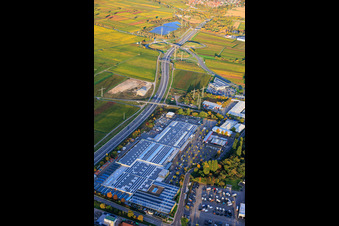 Gillet Baumarkt GmbH and the course of the B10 eastward with the Landau/Edesheim exit in Landau in der Pfalz in the state Rhineland-Palatinate, Germany