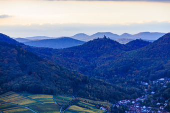Scharfenberg Castle Ruins in Leinsweiler in the state Rhineland-Palatinate, Germany from above