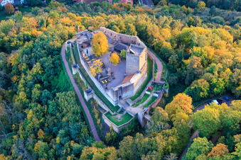 Aerial view of Landeck Castle in autumn evening in Klingenmünster in the state Rhineland-Palatinate, Germany
