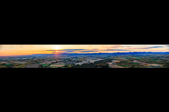 Panorama of the Haardt mountains in the evening on the southern wine route from Schweigen to Mörzheim in Niederhorbach in the state Rhineland-Palatinate, Germany