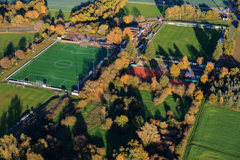 Aerial view of Sports grounds of TB Jahn 1896 eV and TC '86 eV in Zeiskam in the state Rhineland-Palatinate, Germany