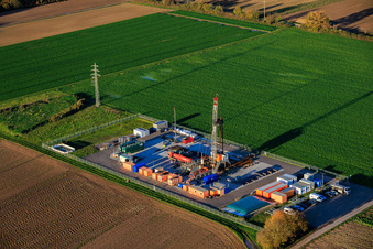 Aerial view of Exploratory drilling for oil by Palatina GeoCon GmbH & Co. KG (SCWH1) in Schwegenheim in the state Rhineland-Palatinate, Germany