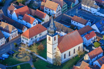 Aerial view of Protestant Church and Church Park in Freisbach in the state Rhineland-Palatinate, Germany