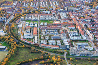 Horseshoe-shaped residential and commercial area enclosed by the railway line in Hans-Stempel-Straße and Fritz-Siegel-Straße (former state garden show grounds) in Landau in der Pfalz in the state Rhineland-Palatinate, Germany