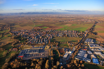 View of the town from the south with the railway line to Landau in Rohrbach in the state Rhineland-Palatinate, Germany