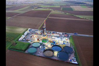 Aerial photograpy of Vulcan Energy's V20 deep drilling site in the evening light at Schleidberg for the extraction of geothermal energy and lithium in Insheim in the state Rhineland-Palatinate, Germany