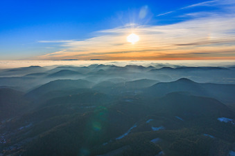 View towards the Black Forest across the Rhine plain in clouds in Erlenbach bei Dahn in the state Rhineland-Palatinate, Germany